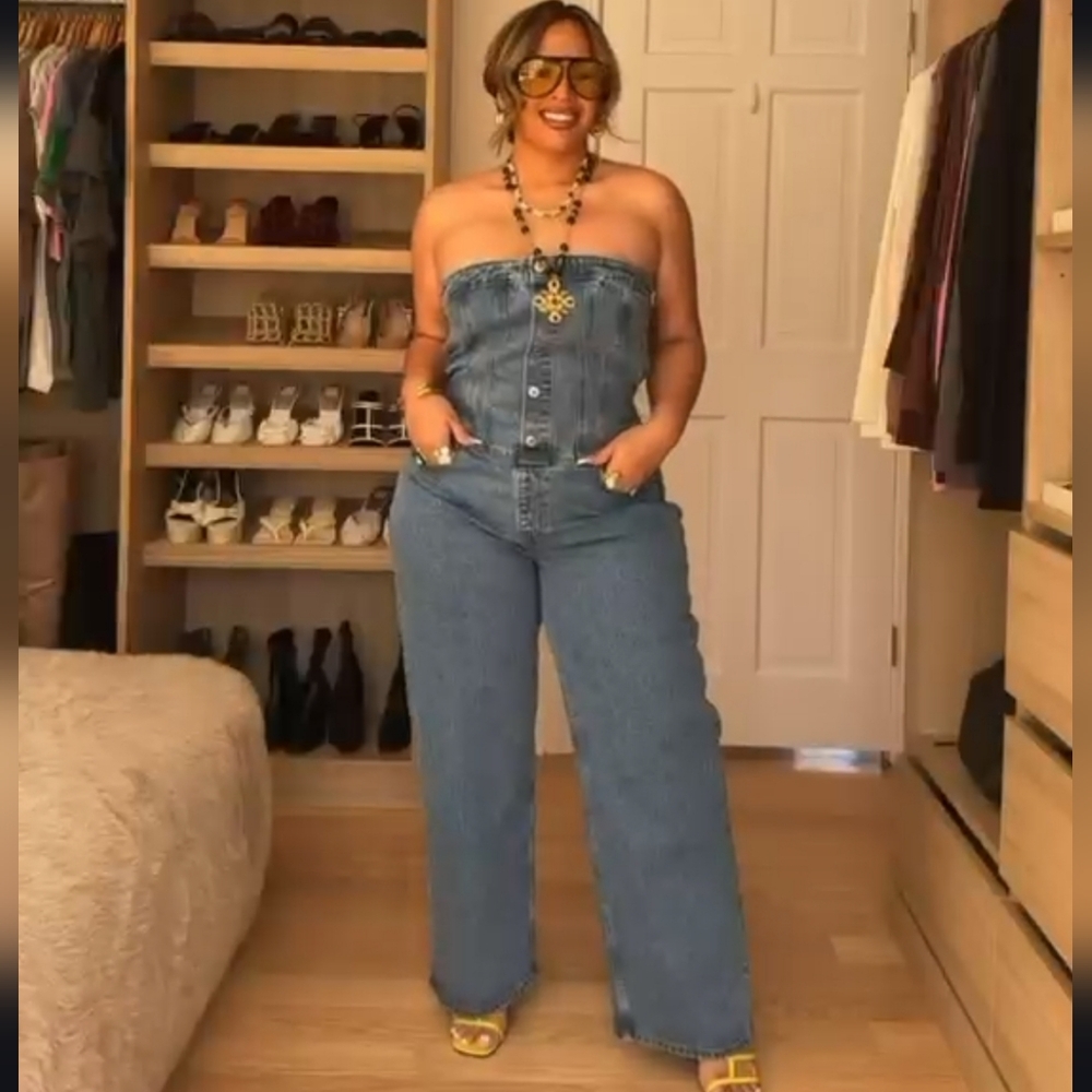 Abercrombie & Fitch Strapless Denim Dipped Waist Jumpsuit Womens LP